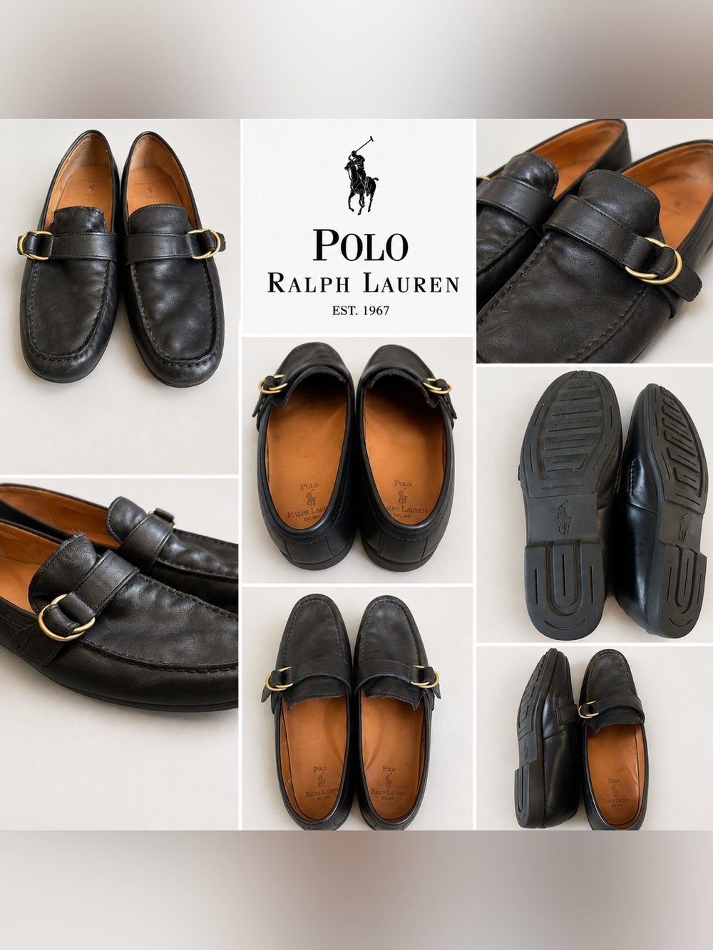 Polo by Ralph Lauren Black Leather Loafers with Gold Buckle Detail